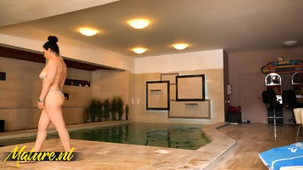 Blonde Babe Nina Heels Eats Out A Hairy Mature Pussy At The Swimming Pool