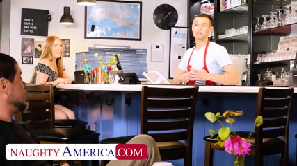 Busty Redhead, Harper Red, Is So Wet And Horny That She Must Get Dick In The Café This Instant